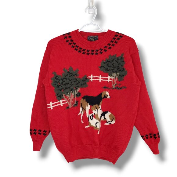 Vintage 90s Wool Dog Knit Sweater Red Fits Size S - Picture 1 of 4